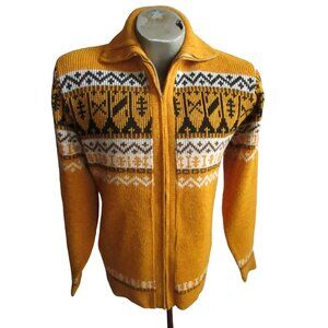 Vintage Men's Cardigan Sweater Medium Zip Gran-Knit 1970's Lubowski Ski Gold M